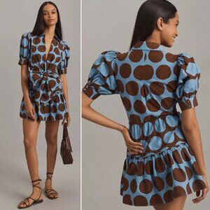 farm rio cerrado short-sleeve belted linen mini dress FARM Rio Cerrado Stamps Belted Printed Linen Mini Dress in Blue